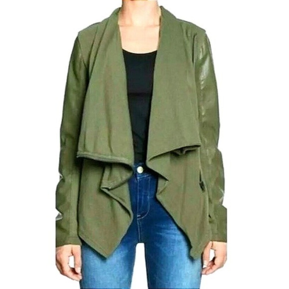 Blank NYC Olive Green Faux Leather Mixed Media Drape Front Jacket S 30M-9027N0